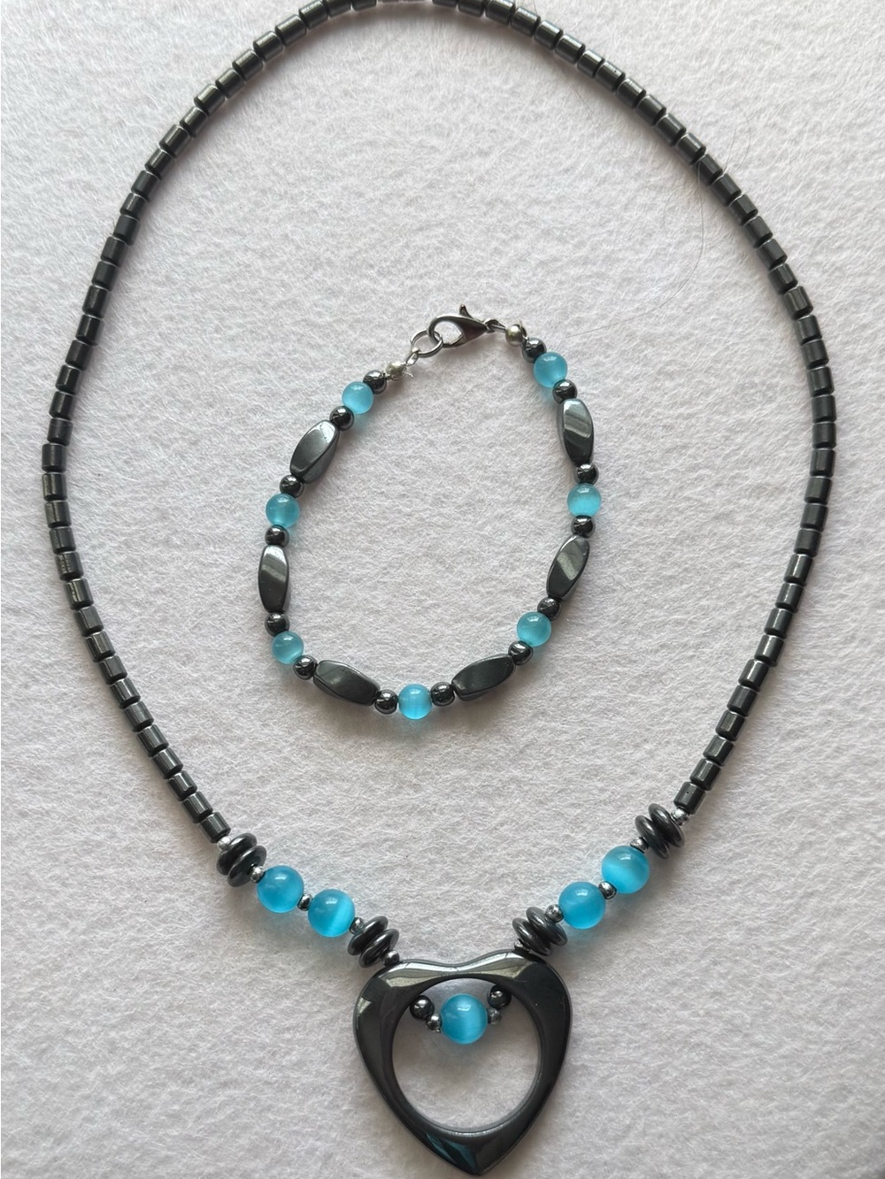 Heart Necklace And Bracelet Polished Hematite & Aqua Blue Cats Eye Glass Beads
